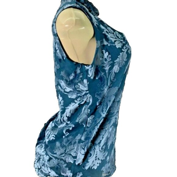 White House Black Market S/0 Teal Flocked Floral Velvet V-Choker Neck Tank Top - Picture 3 of 6